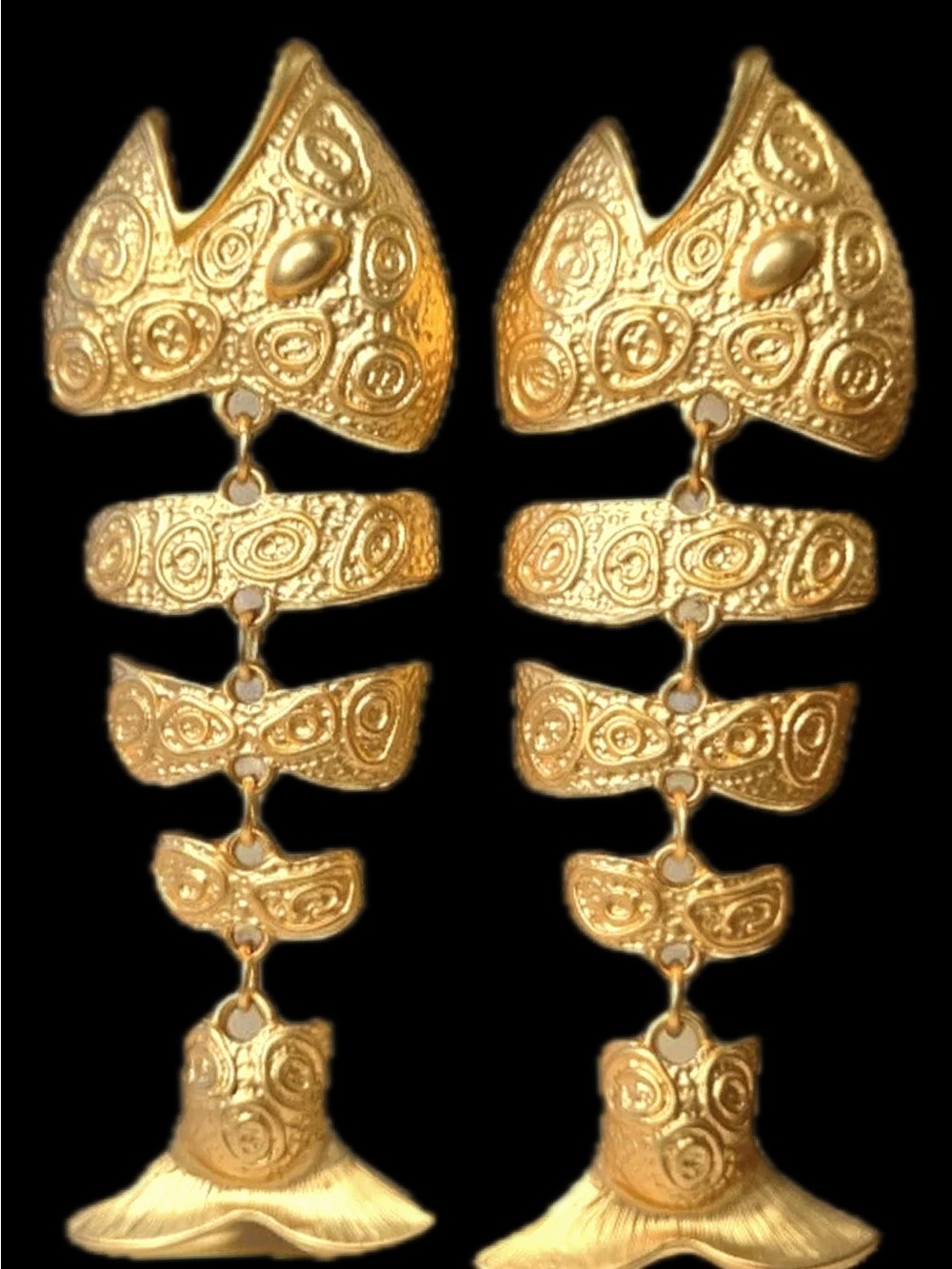 18k Matte Gold Plated Baroque Fish Dangle Earrings - Bold - Unique - Pierced - Picture 3 of 5